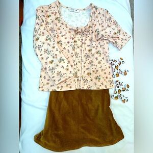 Floral Peach Top and Brown Skirt Set